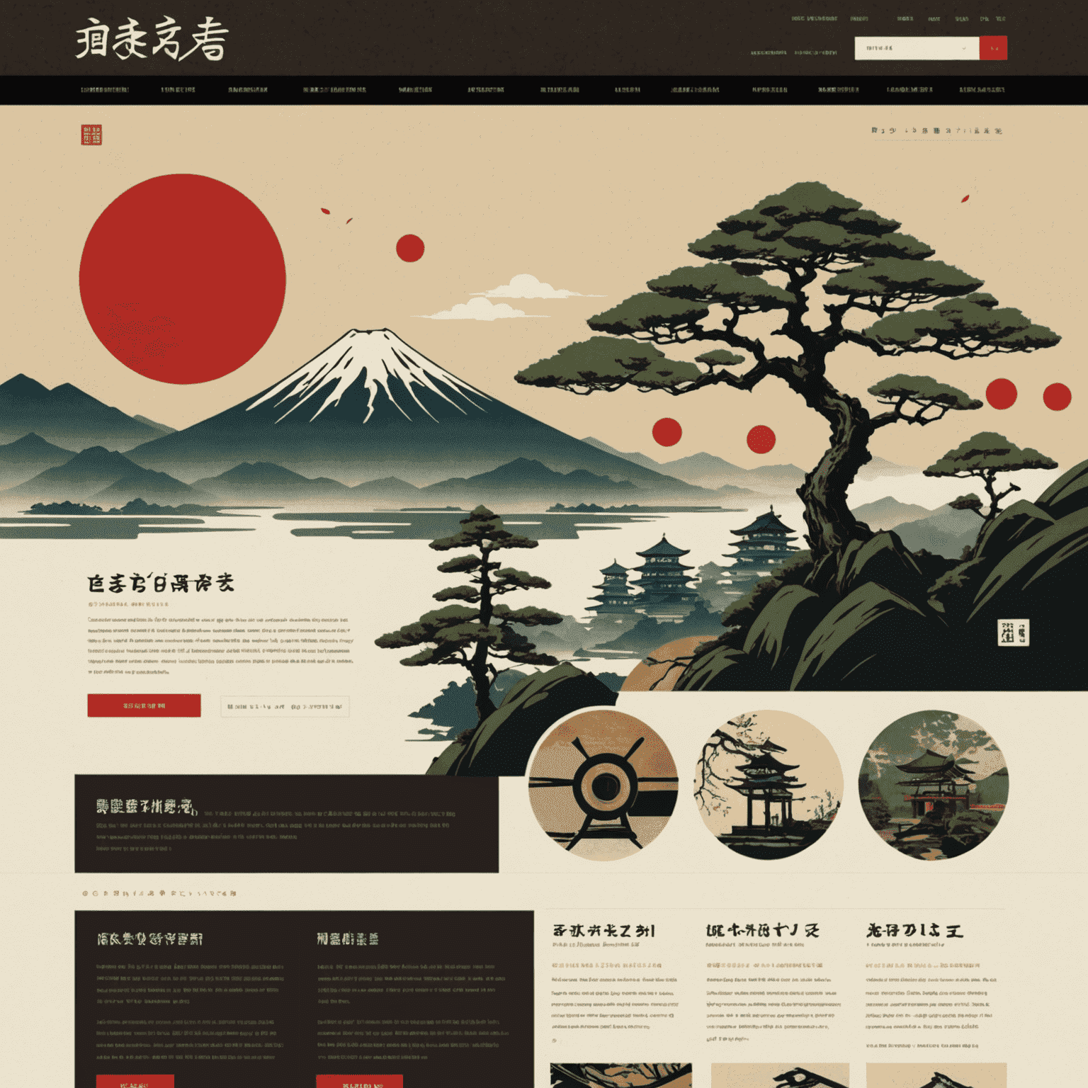 日本の伝統的なデザイン要素と現代的なウェブデザインを組み合わせたウェブサイトのスクリーンショット。和風の色使いや書道的な要素が特徴的。